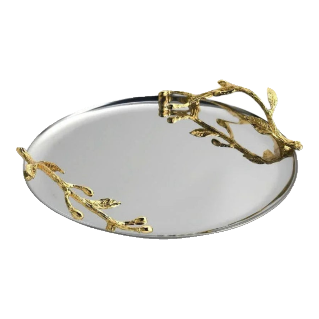 Elysian Couture - Khay Tròn Đĩa Trái Cây Platinum Branche D’Olivier Ronde D28-KHAY TRANG TRÍ-Đối tác tại Trung Quốc theo từng đơn đặt hàng-CẬU HAI HOME DECOR