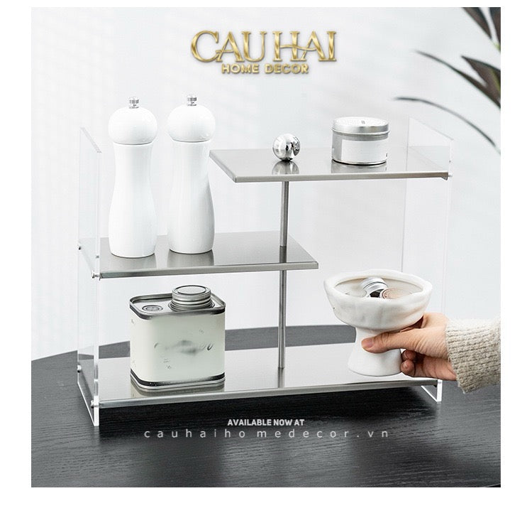 Kệ Acrylic 3 Tầng So Le Metal Velvet Staggered Shelves - Tiered Organizer 39.1x13.9x30-CẬU HAI HOME DECOR