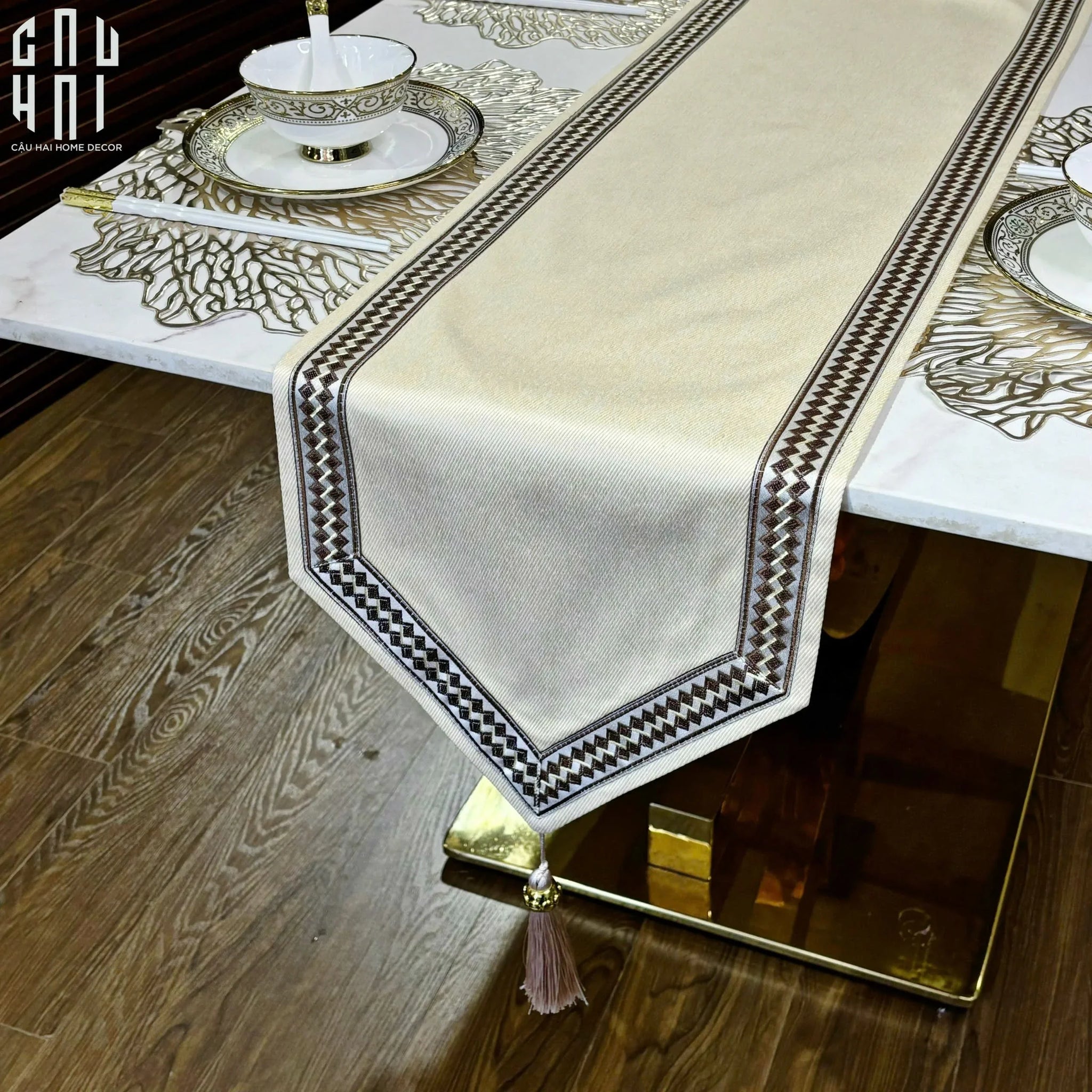 Khăn Trải Bàn - Cataleya Imperial Floral Beige Luxury Embroidered Silk Table Runner-CẬU HAI HOME DECOR