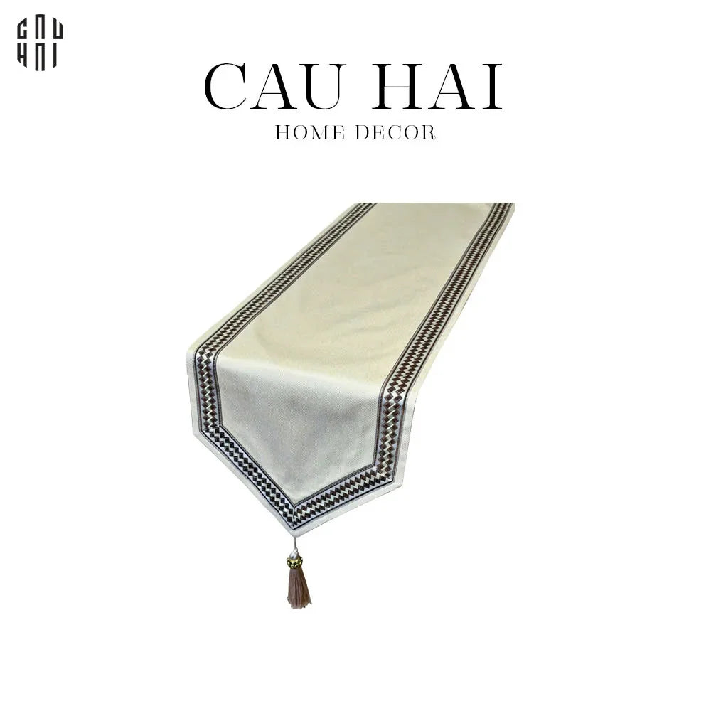Khăn Trải Bàn - Cataleya Imperial Floral Beige Luxury Embroidered Silk Table Runner-CẬU HAI HOME DECOR