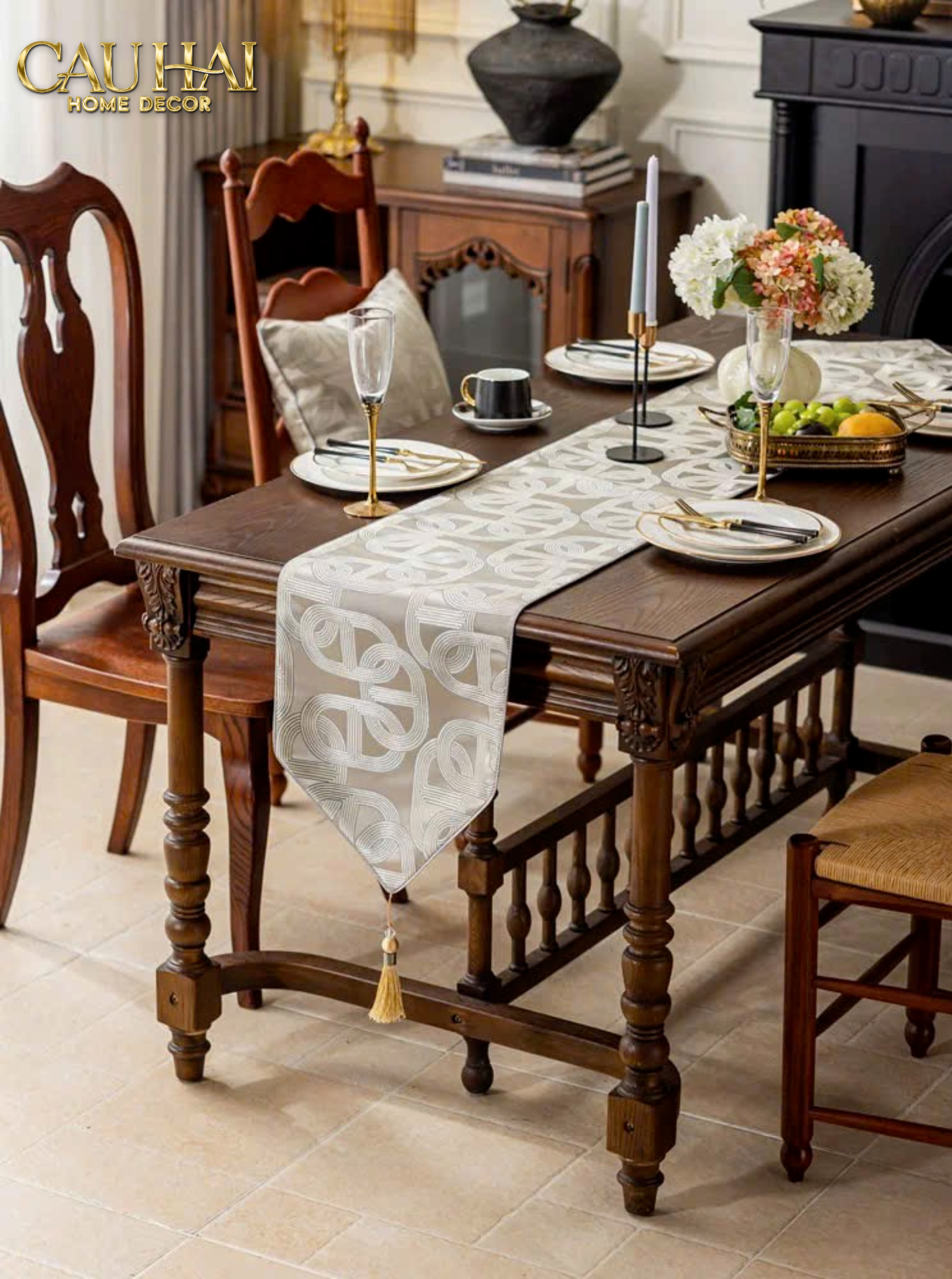 KHĂN TRẢI BÀN - SATIN CHAÎNE D’ANCRE GRIS TABLE RUNNER 32x240 - CẬU HAI HOME DECOR