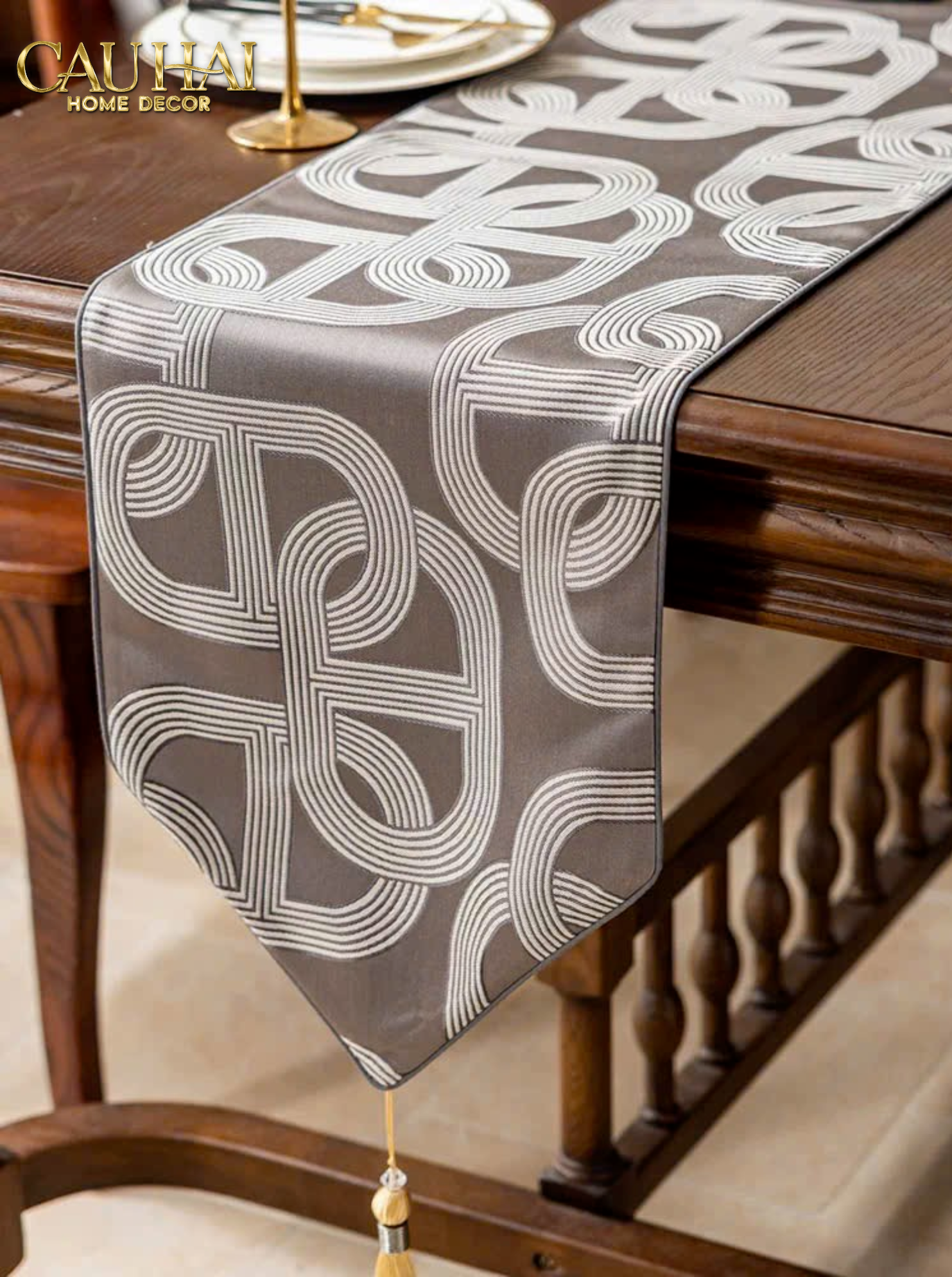 KHĂN TRẢI BÀN - SATIN CHAÎNE D’ANCRE GRIS TABLE RUNNER 32x240 - CẬU HAI HOME DECOR