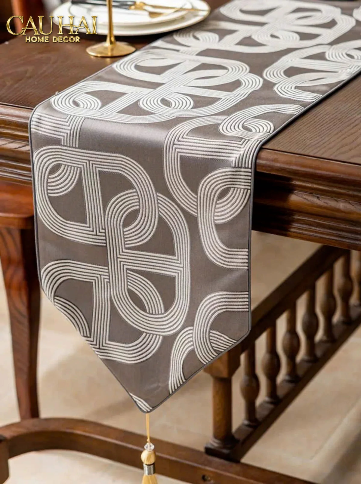 Khăn Trải Bàn - Satin Chaîne D’Ancre Gris Table Runner 32X240-KHĂN TRẢI BÀN-Đối tác tại Trung Quốc theo từng đơn đặt hàng-CẬU HAI HOME DECOR