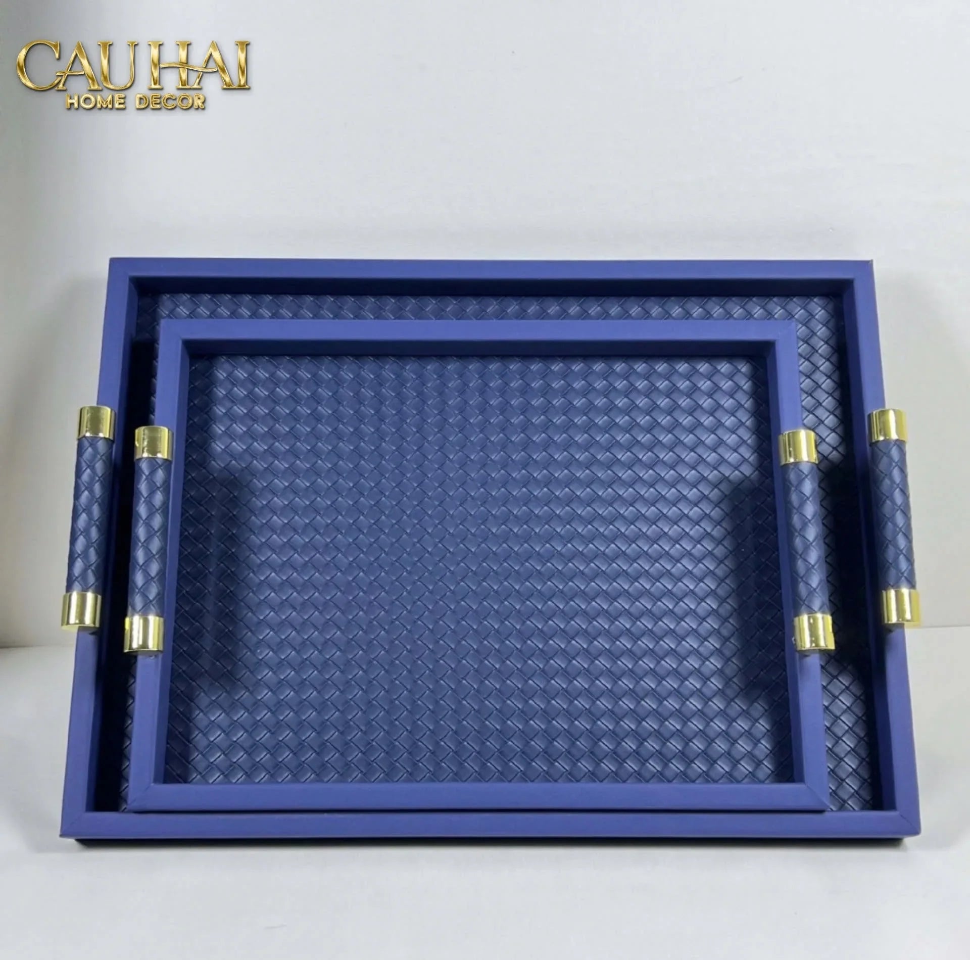 Khay Da Đan Woven Royal Indigo Blue Leather Trays 35X48-CẬU HAI HOME DECOR