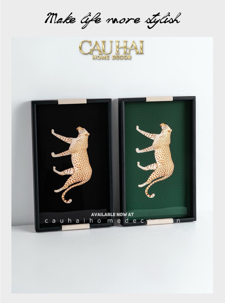 Khay Gỗ Chữ Nhật Đen Hoạ Tiết Báo Đốm Ecartier - Noir Leopard Decorative Trays 38.4x26x3-CẬU HAI HOME DECOR