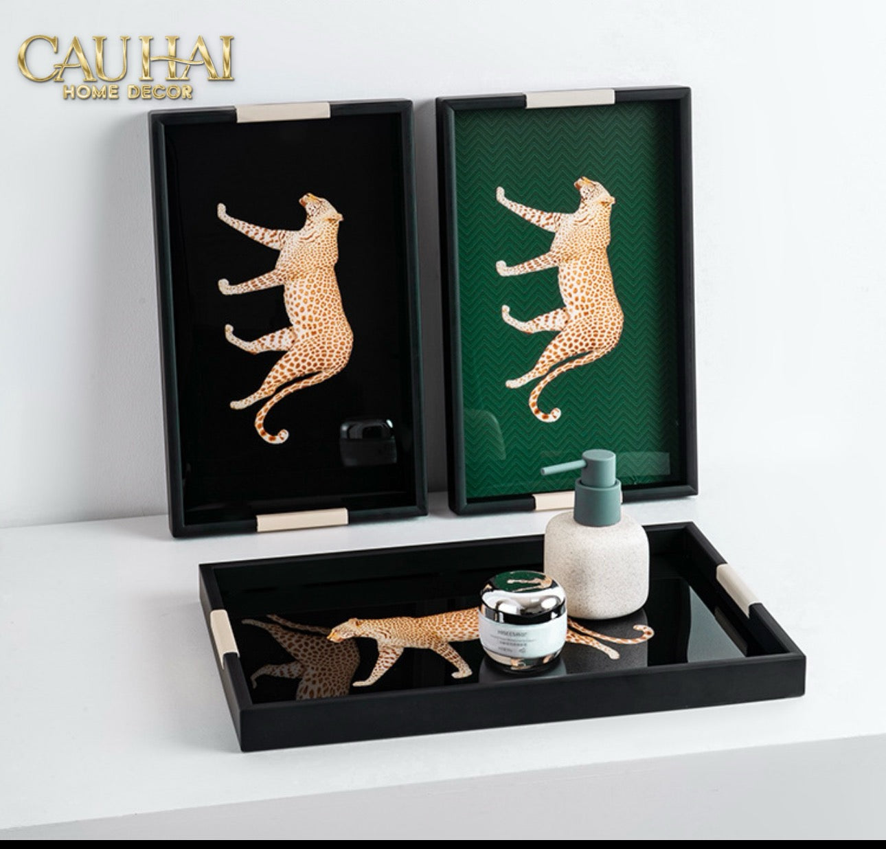 Khay Gỗ Chữ Nhật Đen Hoạ Tiết Báo Đốm Ecartier - Noir Leopard Decorative Trays 38.4x26x3-CẬU HAI HOME DECOR