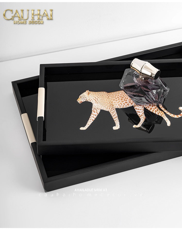 Khay Gỗ Chữ Nhật Đen Hoạ Tiết Báo Đốm Ecartier - Noir Leopard Decorative Trays 38.4x26x3-KHAY TRANG TRÍ-CẬU HAI HOME DECOR-CẬU HAI HOME DECOR