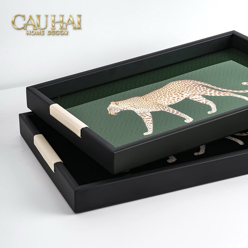 Khay Gỗ Chữ Nhật Đen Hoạ Tiết Báo Đốm Ecartier - Noir Leopard Decorative Trays 38.4x26x3-CẬU HAI HOME DECOR