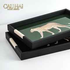 Khay Gỗ Chữ Nhật Đen Hoạ Tiết Báo Đốm Ecartier - Noir Leopard Decorative Trays 38.4x26x3-CẬU HAI HOME DECOR