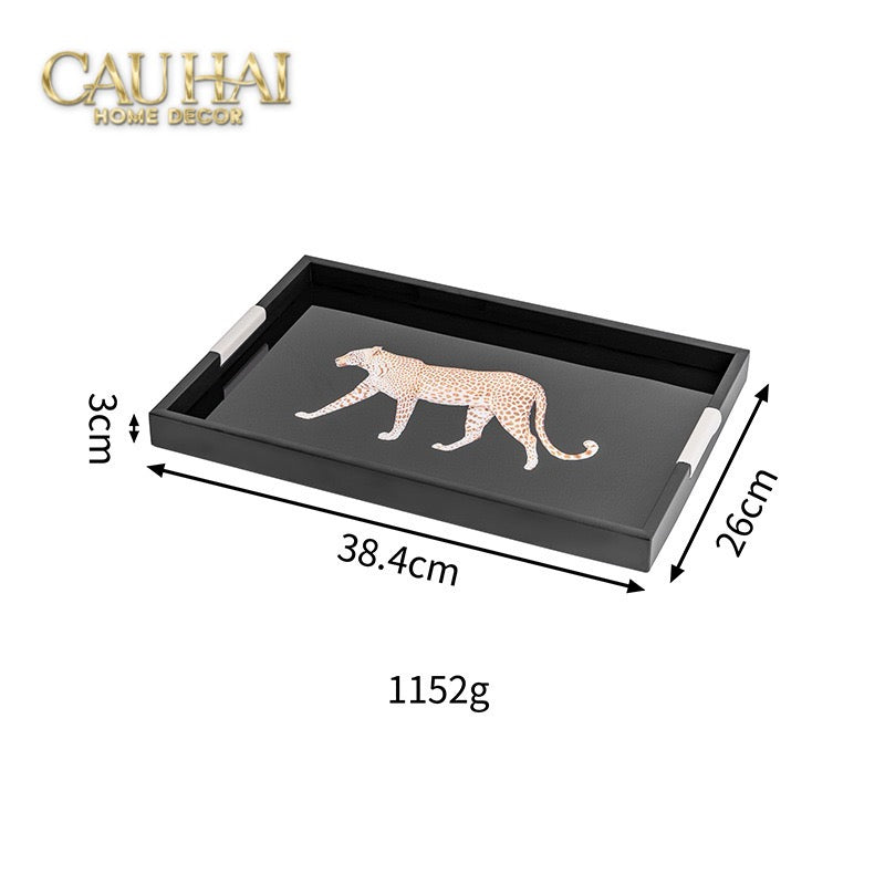 Khay Gỗ Chữ Nhật Đen Hoạ Tiết Báo Đốm Ecartier - Noir Leopard Decorative Trays 38.4x26x3-KHAY TRANG TRÍ-CẬU HAI HOME DECOR-CẬU HAI HOME DECOR