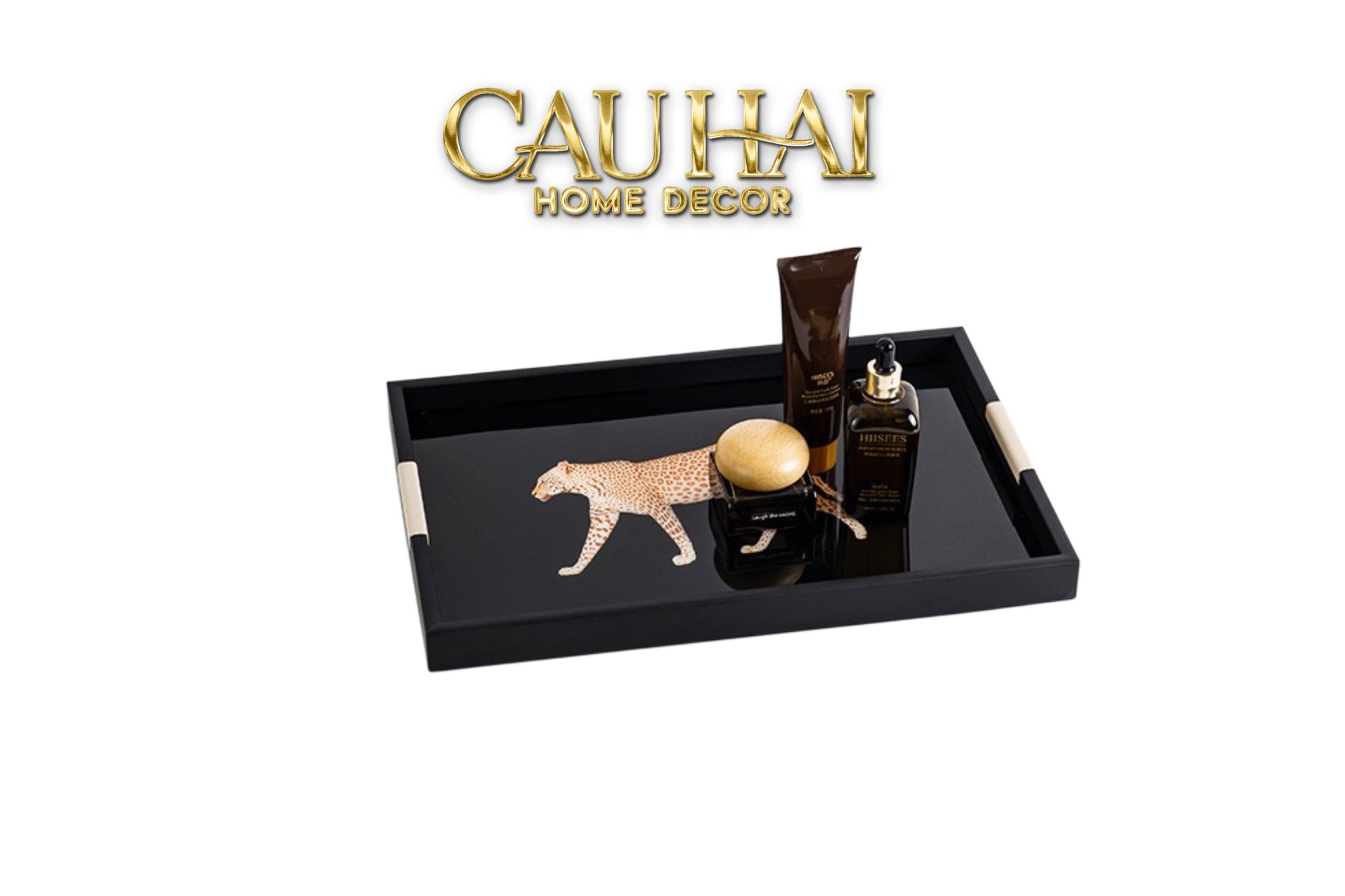 Khay Gỗ Chữ Nhật Đen Hoạ Tiết Báo Đốm Ecartier - Noir Leopard Decorative Trays 38.4x26x3-CẬU HAI HOME DECOR