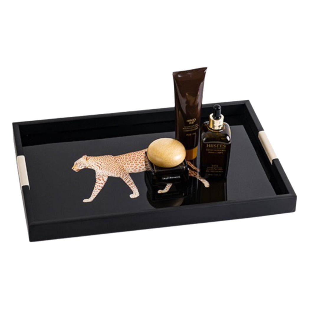 Khay Gỗ Chữ Nhật Đen Hoạ Tiết Báo Đốm Ecartier - Noir Leopard Decorative Trays 38.4x26x3-KHAY TRANG TRÍ-CẬU HAI HOME DECOR-CẬU HAI HOME DECOR