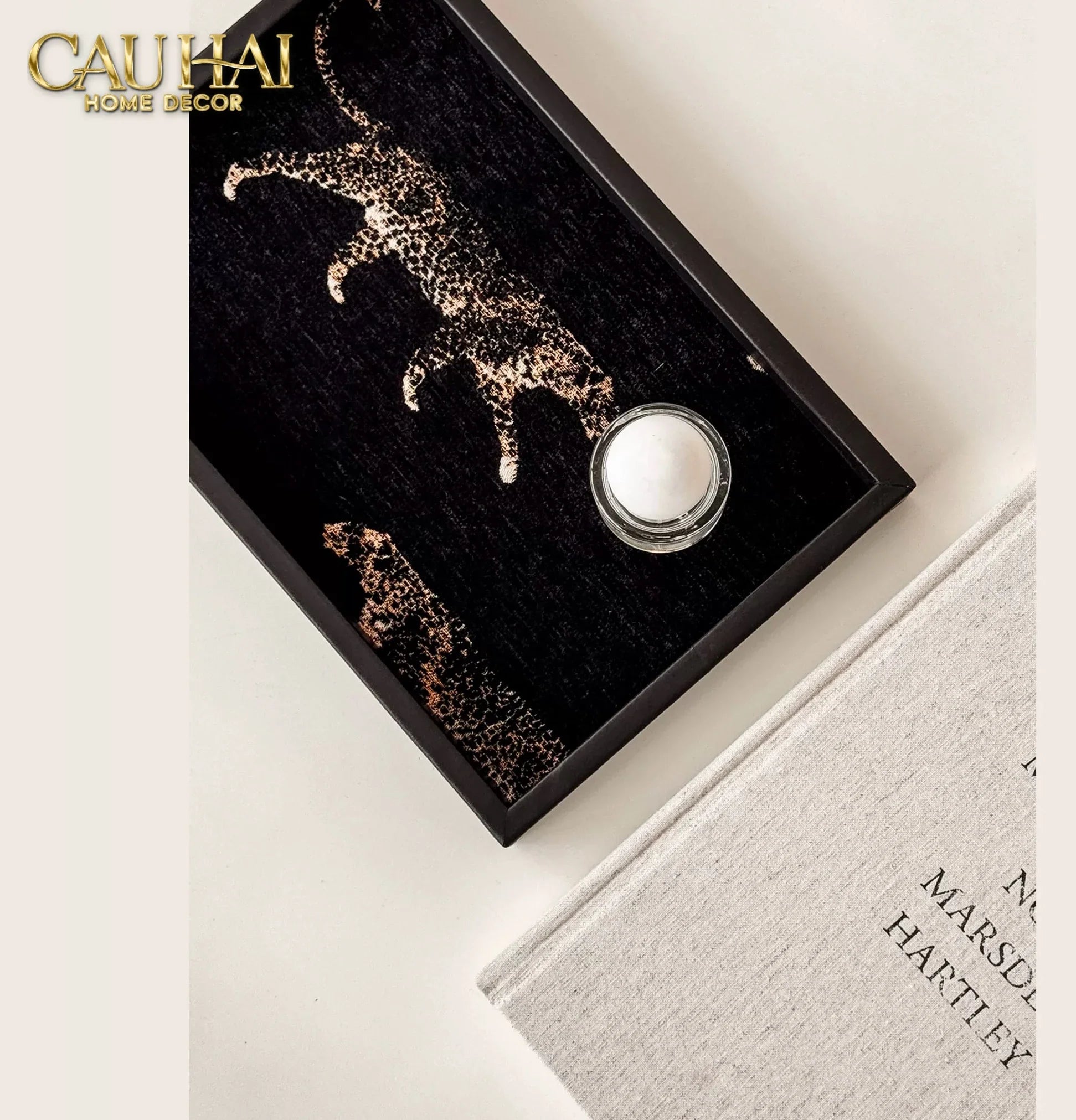 Khay Gỗ Chữ Nhật Lót Vải Tweed Lux Leather Nocturnal Panther Rectangular Trays 30X40-CẬU HAI HOME DECOR
