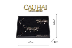 Khay Gỗ Chữ Nhật Lót Vải Tweed Lux Leather Nocturnal Panther Rectangular Trays 30X40-CẬU HAI HOME DECOR