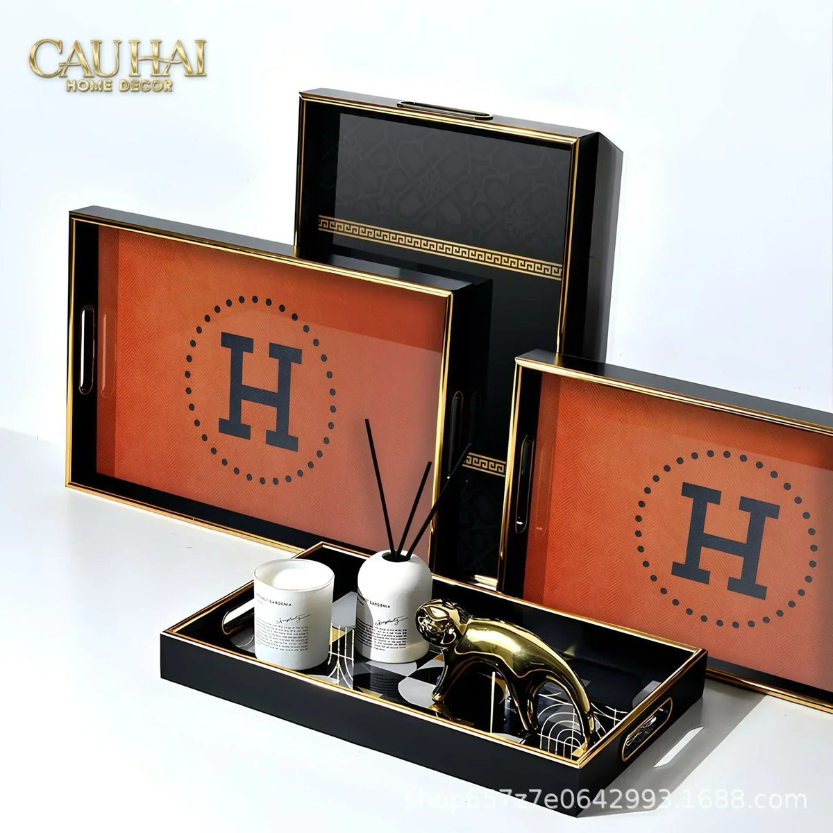 Khay Gỗ Chữ Nhật Signature H Icon Vermilion - Spéciale Édition Rectangular Trays 28x35-KHAY TRANG TRÍ-CẬU HAI HOME DECOR-CẬU HAI HOME DECOR