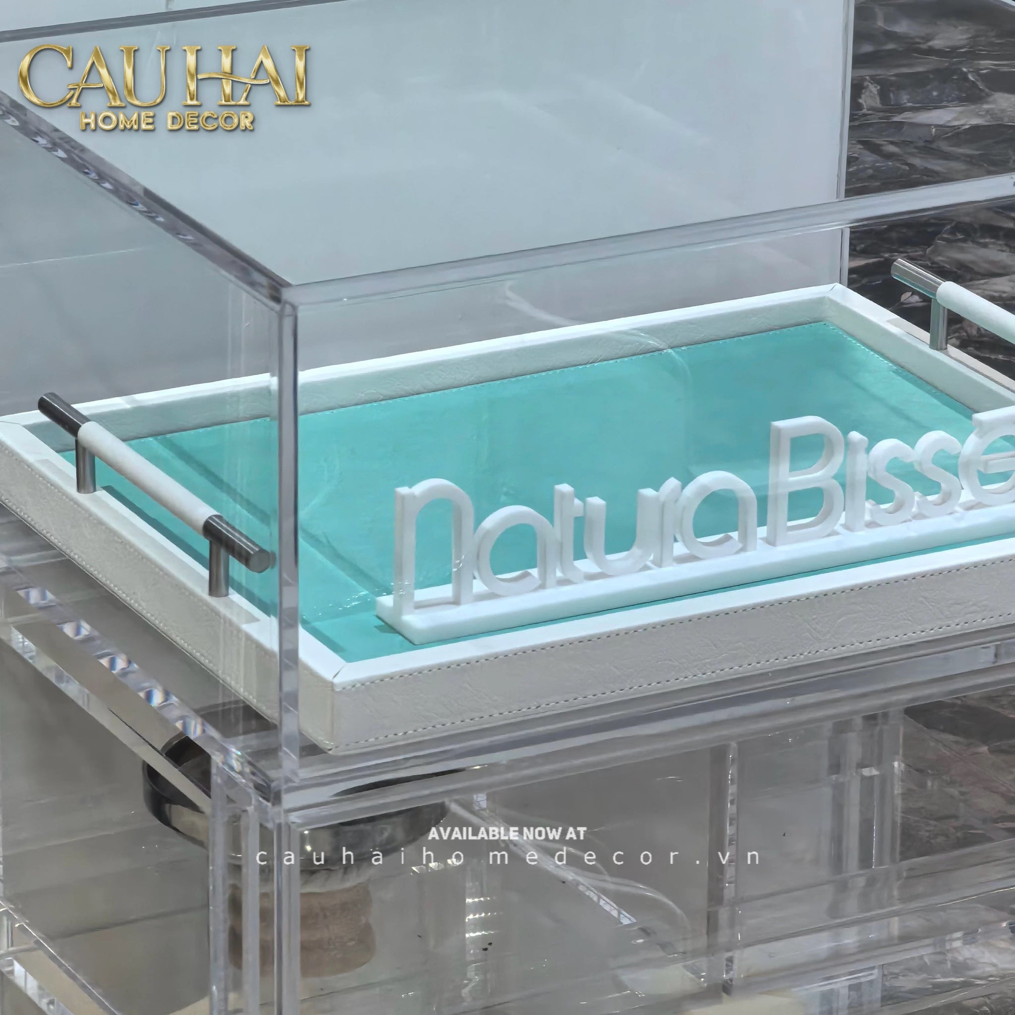 Khay Gỗ Chữ Nhật Xanh Mint Elegance Luxe Leather - Azure Turquoise 32.5x42.5-CẬU HAI HOME DECOR