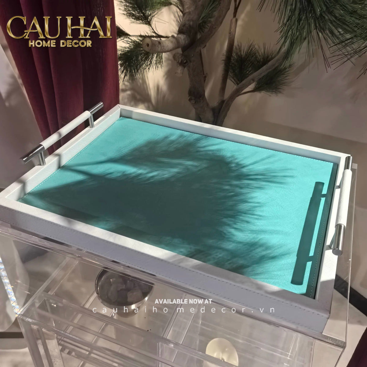 Khay Gỗ Chữ Nhật Xanh Mint Elegance Luxe Leather - Azure Turquoise 32.5x42.5-KHAY TRANG TRÍ-CẬU HAI HOME DECOR-CẬU HAI HOME DECOR