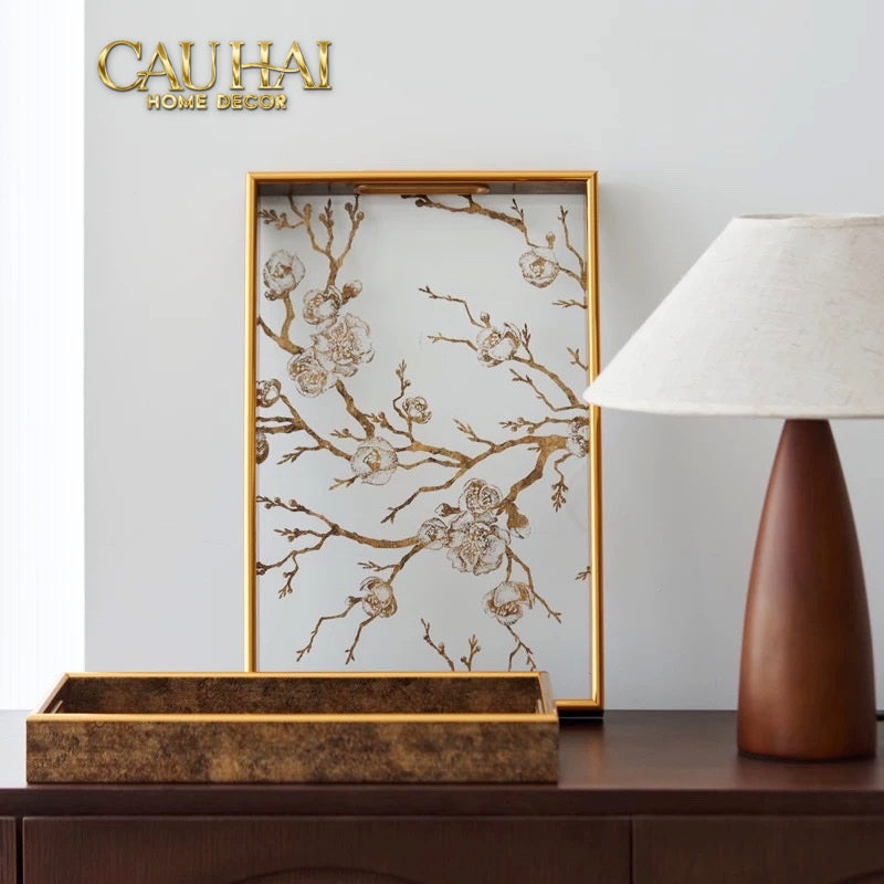 Khay Gương Chữ Nhật Cherry Blossom Vintage Decorative Trays 22X35-CẬU HAI HOME DECOR