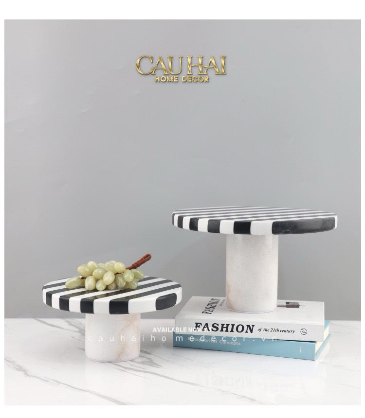 Khay Tròn Đế Bánh Đá Marble - Rayé Reflexion Blanc Noir Marble Cake Stand Display Trays 20x10 25x15-CẬU HAI HOME DECOR