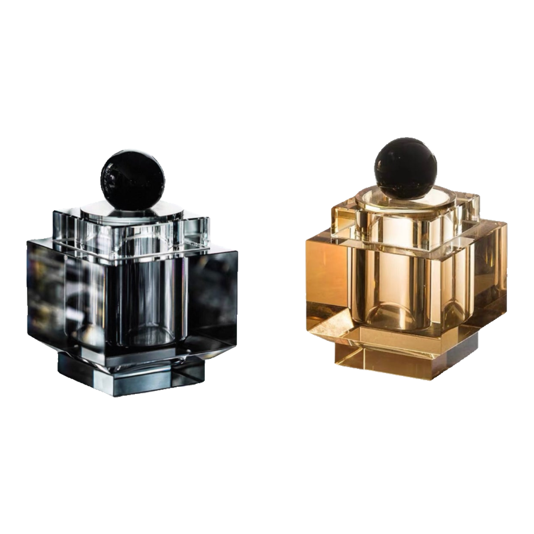 Maison Couture - Lọ Tăm Bông Pha Lê - Cristalleries Obsidian Cube - Smoky Vanity Ritual Set 9x14-HŨ TRANG TRÍ-Đối tác tại Trung Quốc theo từng đơn đặt hàng-CẬU HAI HOME DECOR