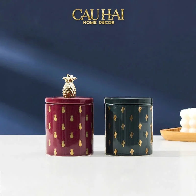 Lọ Kẹo Gốm Sứ Holiday Seasons Golden Fêtes Art Canister 8.5x14-TRANG TRÍ GIÁNG SINH-Đối tác tại Trung Quốc theo từng đơn đặt hàng-CẬU HAI HOME DECOR