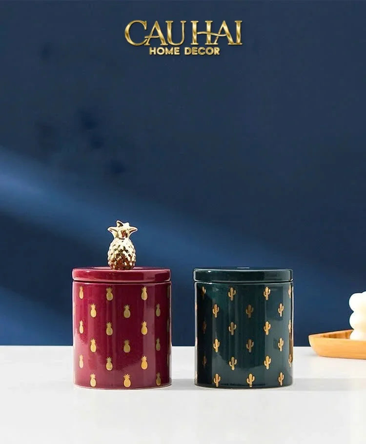 Lọ Kẹo Gốm Sứ Holiday Seasons Golden Fêtes Art Canister 8.5x14-TRANG TRÍ GIÁNG SINH-Đối tác tại Trung Quốc theo từng đơn đặt hàng-CẬU HAI HOME DECOR