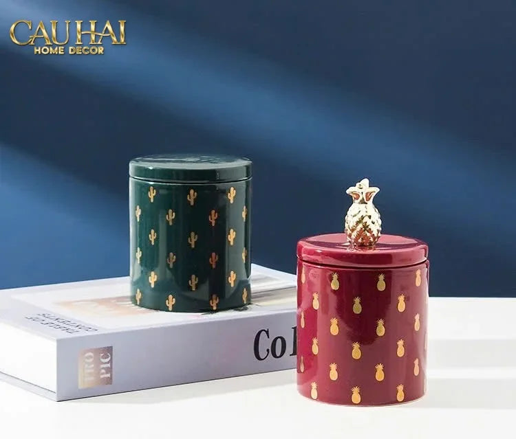 Lọ Kẹo Gốm Sứ Holiday Seasons Golden Fêtes Art Canister 8.5x14-TRANG TRÍ GIÁNG SINH-Đối tác tại Trung Quốc theo từng đơn đặt hàng-CẬU HAI HOME DECOR