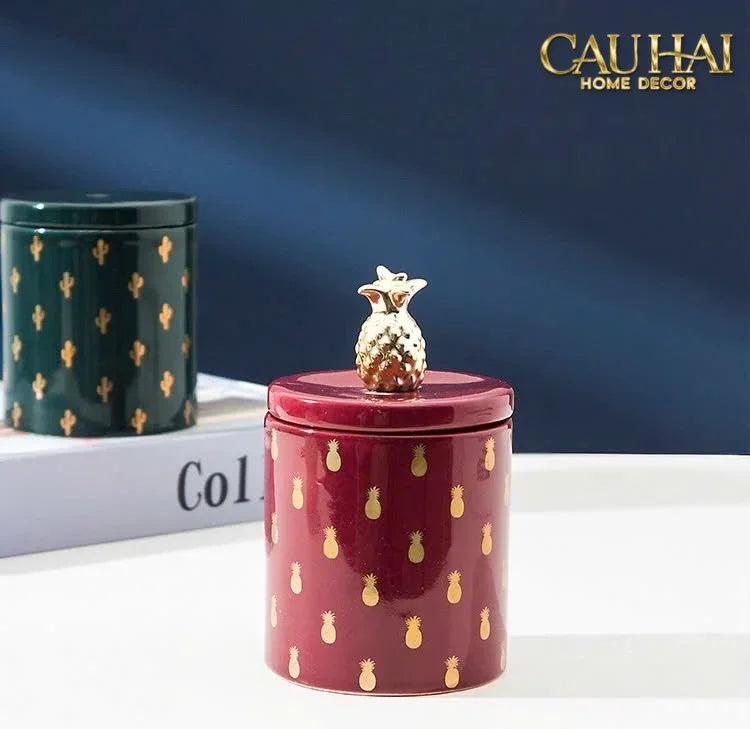 Lọ Kẹo Gốm Sứ Holiday Seasons Golden Fêtes Art Canister 8.5x14-TRANG TRÍ GIÁNG SINH-Đối tác tại Trung Quốc theo từng đơn đặt hàng-CẬU HAI HOME DECOR
