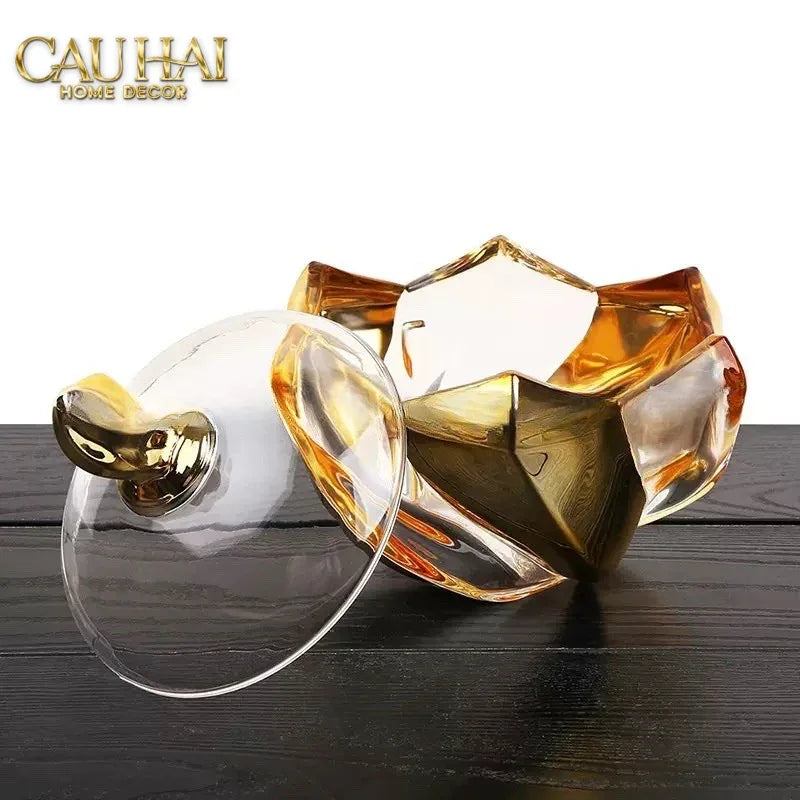 Lọ Kẹo Pha Lê Mạ Vàng Crown Of Aurora Cristalleries Bonbonnière 18x17.5 W1.3Kg-Lọ kẹo Canister Bonbonnière-Đối tác tại Trung Quốc theo từng đơn đặt hàng-CẬU HAI HOME DECOR