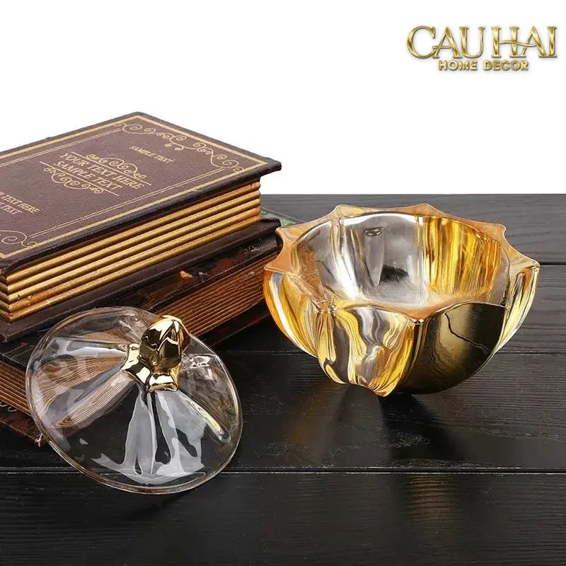 Lọ Kẹo Pha Lê Mạ Vàng Crown Of Aurora Cristalleries Bonbonnière 18x17.5 W1.3Kg-Lọ kẹo Canister Bonbonnière-Đối tác tại Trung Quốc theo từng đơn đặt hàng-CẬU HAI HOME DECOR