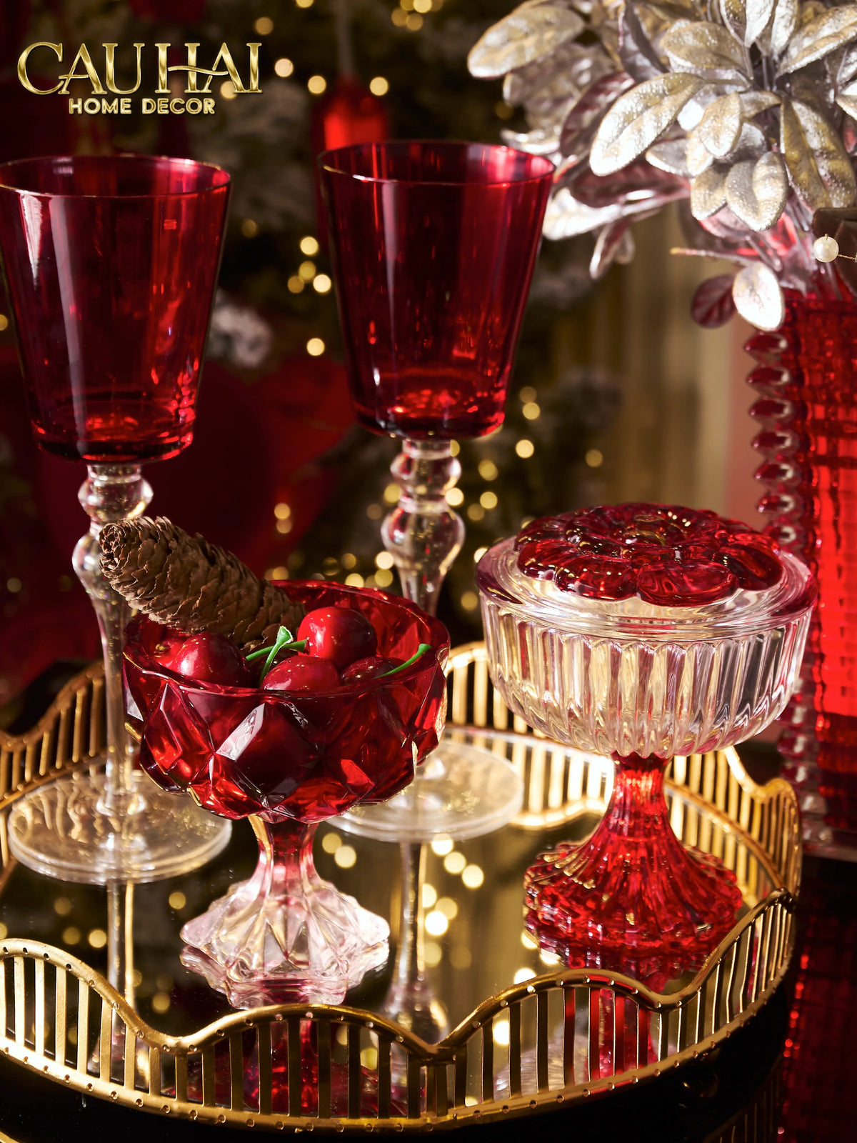 Lọ Kẹo Pha Lê Ruby Floral Jello Cristalleries Bonbonnière 11x15 285ml-Lọ kẹo Canister Bonbonnière-Đối tác tại Trung Quốc theo từng đơn đặt hàng-CẬU HAI HOME DECOR