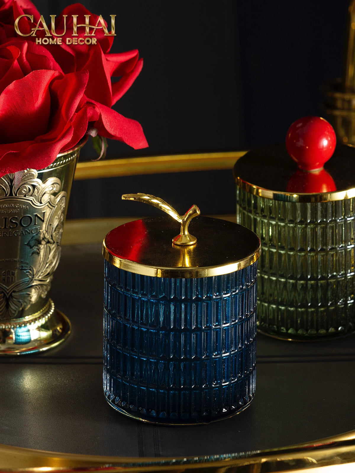 Lọ Kẹo Thuỷ Tinh Blue Ocean Cristalleries - Golden Twig Bonbonnière-Lọ kẹo Canister Bonbonnière-Đối tác tại Trung Quốc theo từng đơn đặt hàng-CẬU HAI HOME DECOR