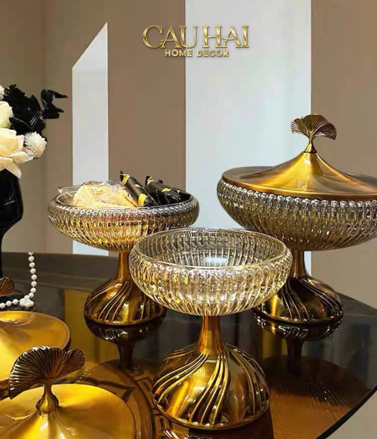 Lọ Kẹo Thuỷ Tinh Chân Cao Golden Ginkgo Candy Bonbonnière 21x22.5-CẬU HAI HOME DECOR