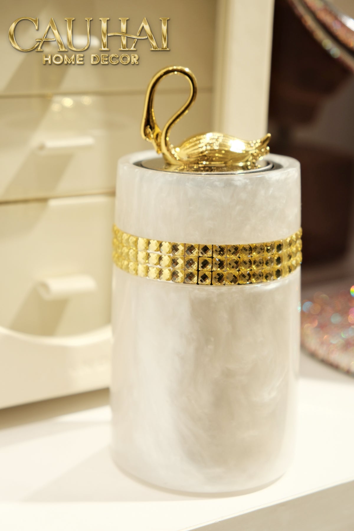 Lọ Tăm Khảm Xà Cừ Resin Cygne Nacre D'Or Toothpick Holder 6x12-Lọ Tăm bông - Bathroom Vanity-CẬU HAI HOME DECOR-CẬU HAI HOME DECOR