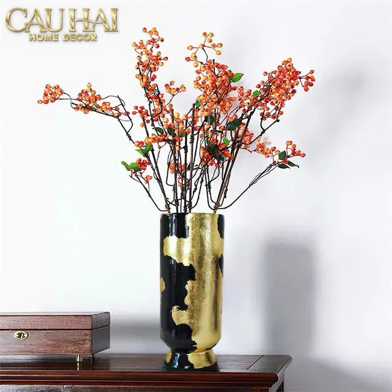 Maison Couture - Bình Hoa Gốm Mun Mài Dát Vàng Noir Laqué Feuille d’Or Vase 34-CẬU HAI HOME DECOR