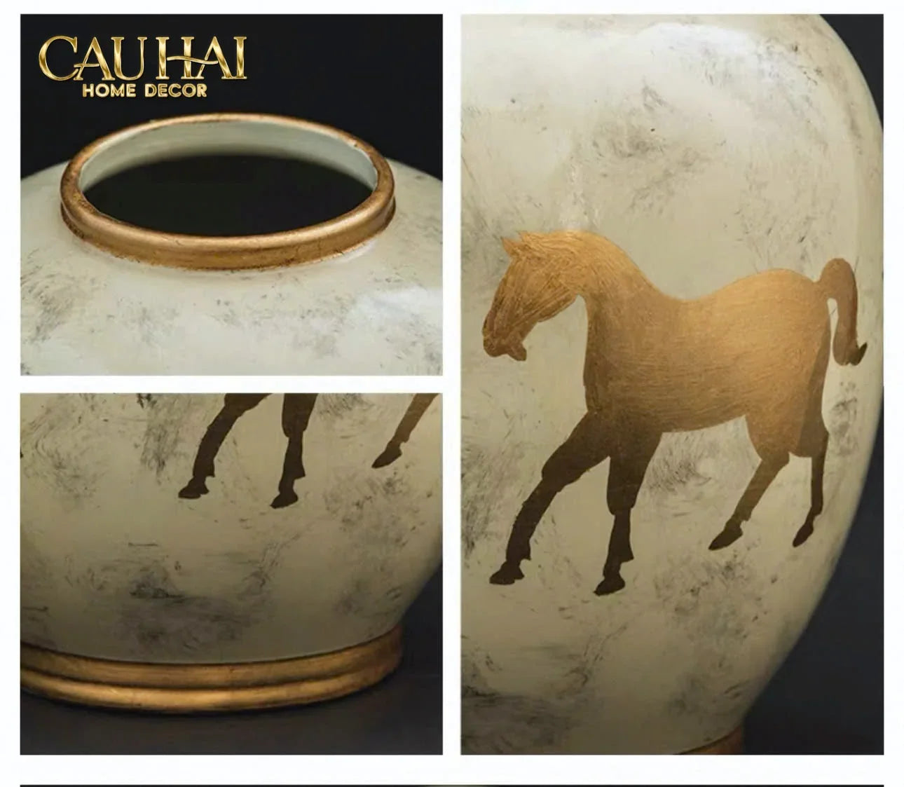 Maison Couture - Bình Hoa Gốm Sứ - Ngựa Dát Vàng Cheval Noble Ivoire Artisan Feuille D’Or Ceramic Vase H29-CẬU HAI HOME DECOR