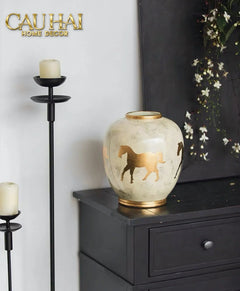Maison Couture - Bình Hoa Gốm Sứ - Ngựa Dát Vàng Cheval Noble Ivoire Artisan Feuille D’Or Ceramic Vase H29-CẬU HAI HOME DECOR