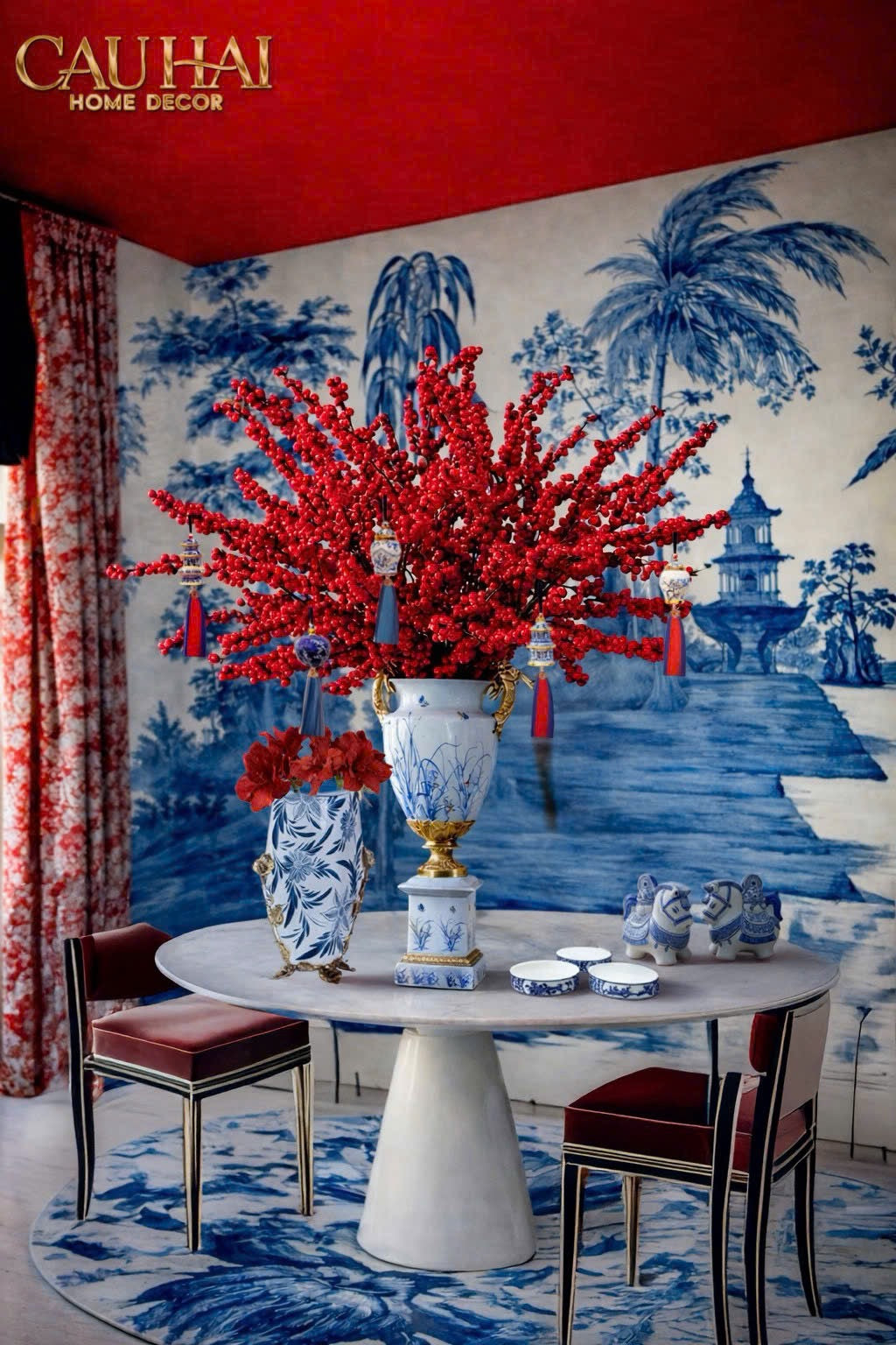 Maison Couture - Bình Hoa Imperium Empire Divine Vase - Dragonfly Horizon Urn Indochine Bleu H35x24x16-CẬU HAI HOME DECOR