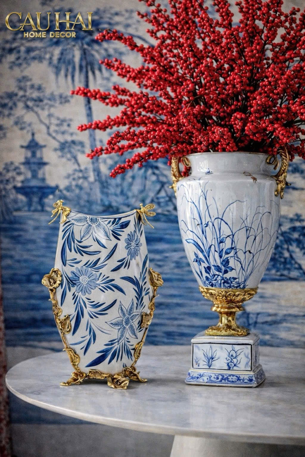 Maison Couture - Bình Hoa Imperium Empire Divine Vase - Dragonfly Horizon Urn Indochine Bleu H35x24x16-CẬU HAI HOME DECOR