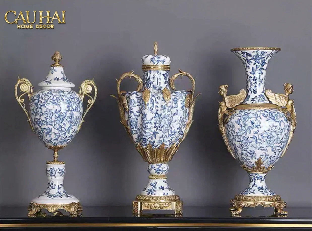 Maison Couture - Bình Hoa Imperium Empire Divine Vase - Indochine Revival Floréal Bleu Urn H40x28x23-CẬU HAI HOME DECOR