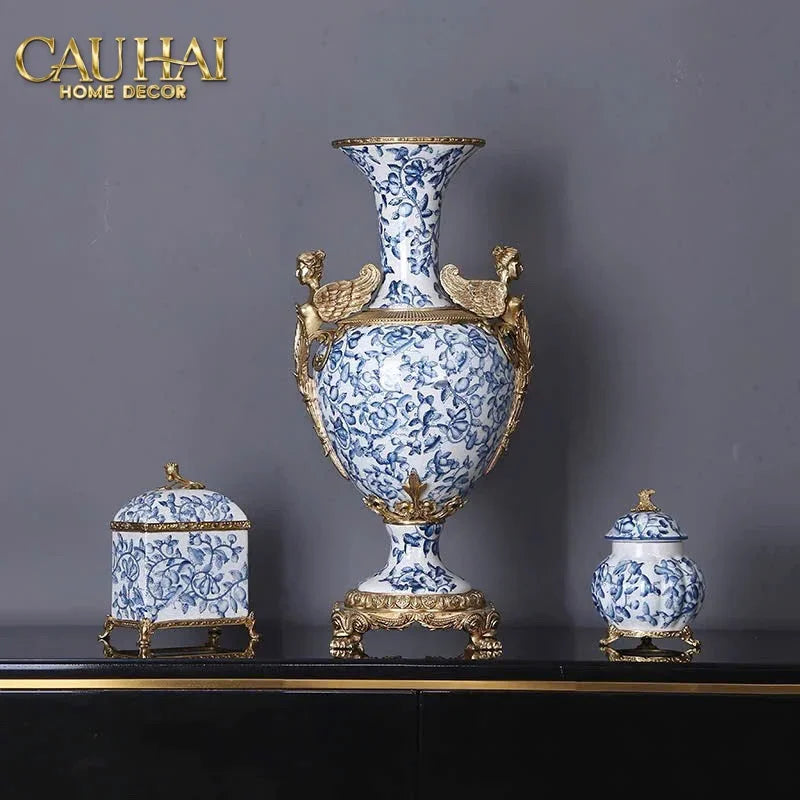 Maison Couture - Bình Hoa Imperium Empire Divine Vase - Indochine Revival Floréal Bleu Urn H40x28x23-CẬU HAI HOME DECOR
