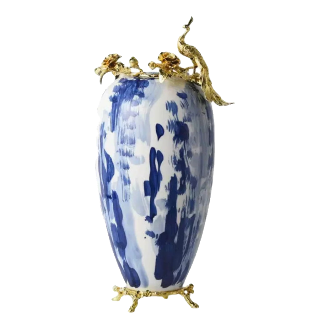Maison Couture - Bình Hoa Khổng Tước Bằng Đồng- Dynasty Regal Paon Indigo Indochine H42-BÌNH HOA-Đối tác tại Trung Quốc theo từng đơn đặt hàng-CẬU HAI HOME DECOR