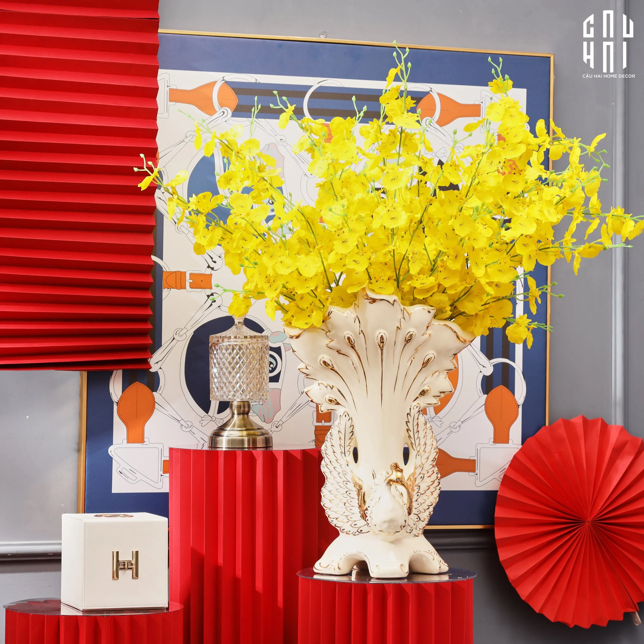 Maison Couture - Bình Hoa Khổng Tước Sứ Ngọc Cao Cấp Impérial Paon Empress Fan 33x48-CẬU HAI HOME DECOR