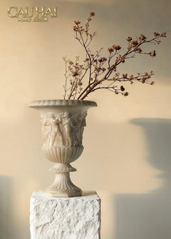 Maison Couture - Bình Hoa Phù Điêu Đá Sa Thạch Giả Ngọc - Amphora Des Dieux Dionysien - Patrimoine H47xM35-CẬU HAI HOME DECOR