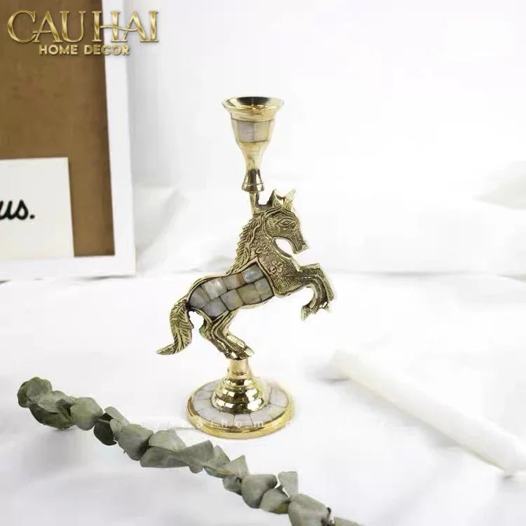 Maison Couture - Đế Nến Ngựa Đồng Khảm Trai Đế Pha Lê Vàng - Mahogany Cheval Majesté Candle Holders 11x21-CẬU HAI HOME DECOR