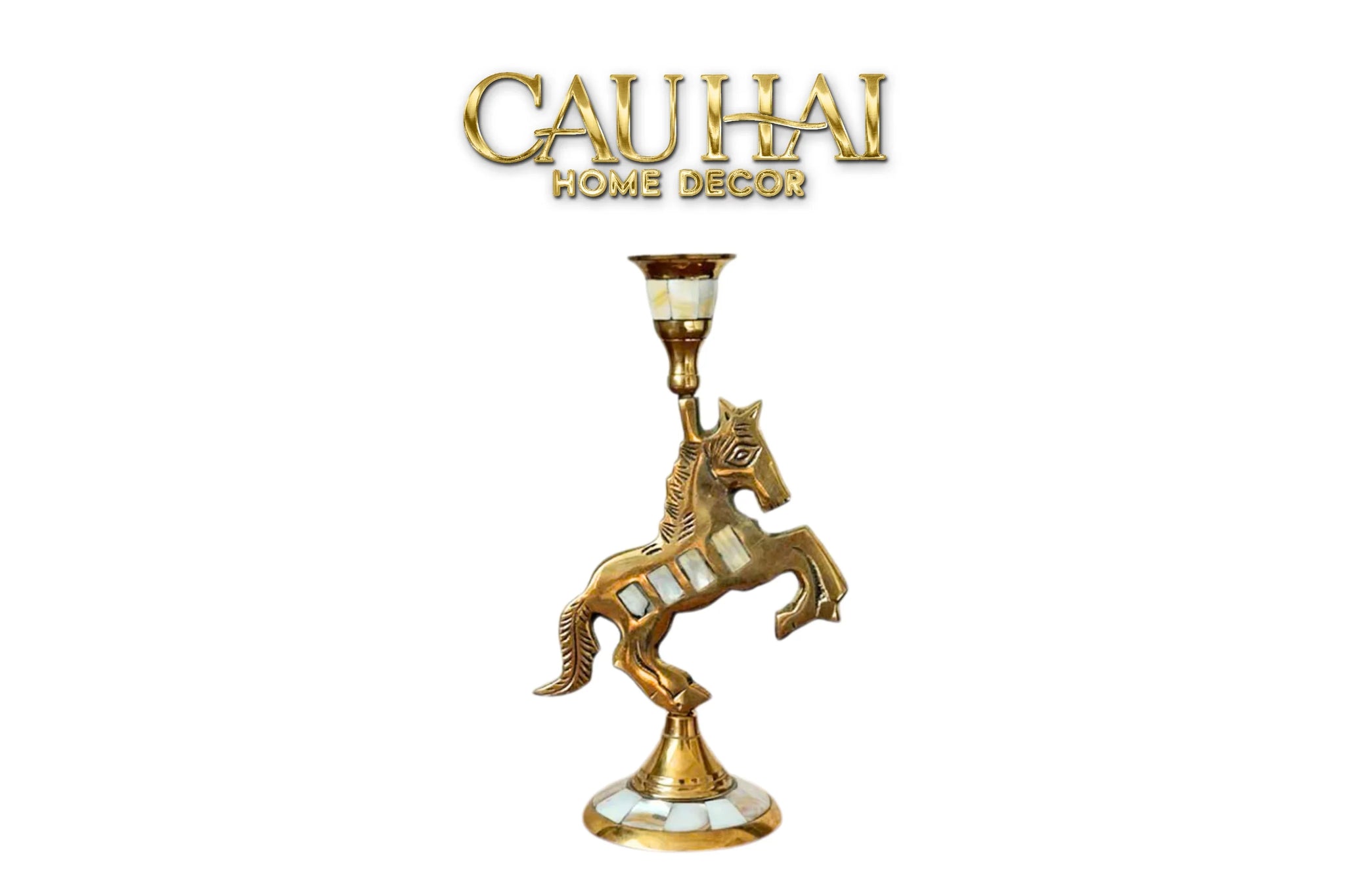 Maison Couture - Đế Nến Ngựa Đồng Khảm Trai Đế Pha Lê Vàng - Mahogany Cheval Majesté Candle Holders 11x21-CẬU HAI HOME DECOR