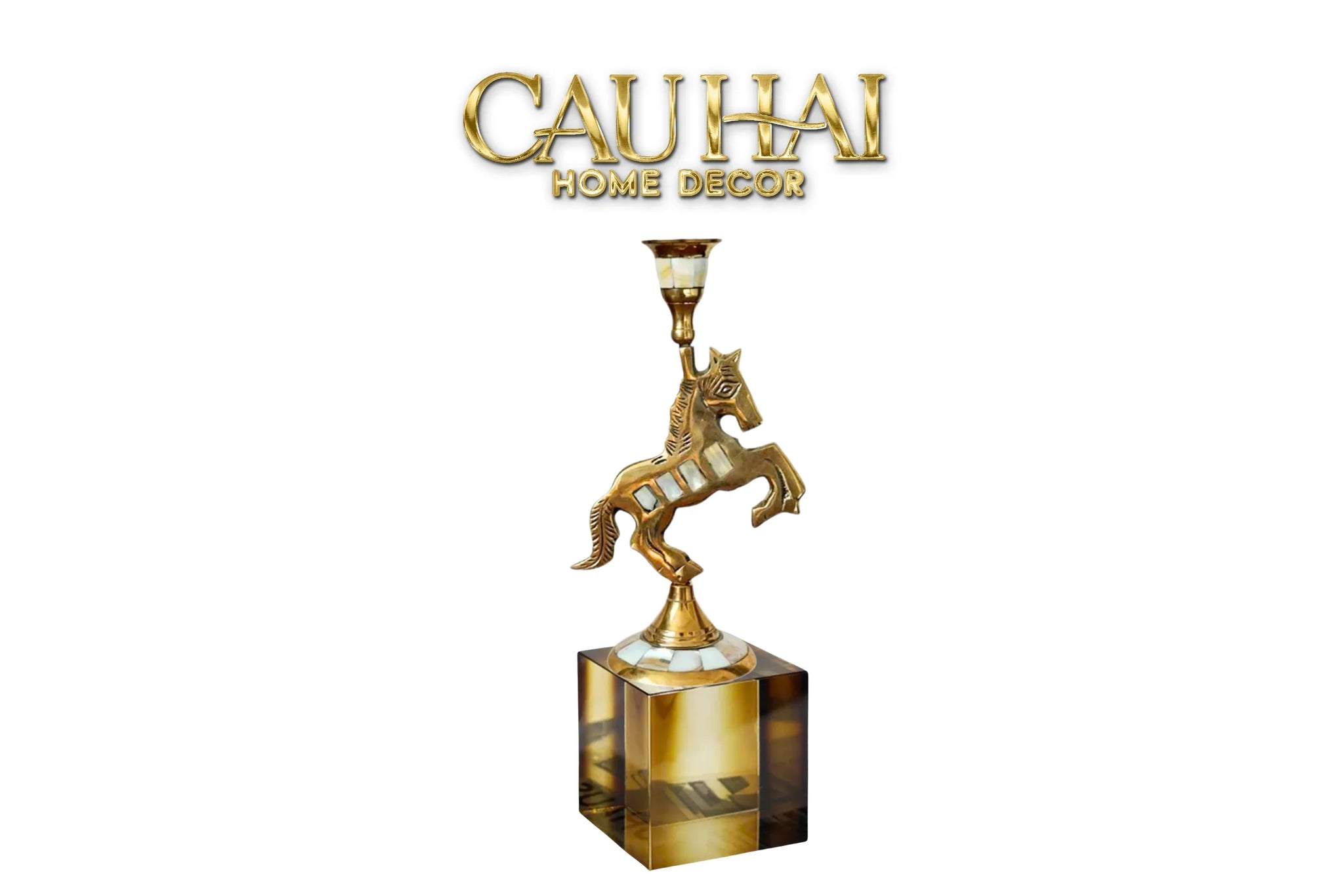 Maison Couture - Đế Nến Ngựa Đồng Khảm Trai Đế Pha Lê Vàng - Mahogany Cheval Majesté Candle Holders 11x21-CẬU HAI HOME DECOR