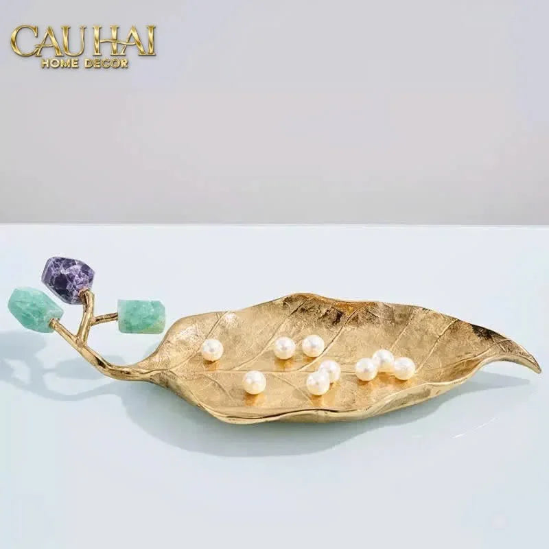 Maison Couture - Đĩa Chiếc Lá Đồng Đá Thạch Anh Lusso Gemstone Brasson Plateau D27x17-CẬU HAI HOME DECOR