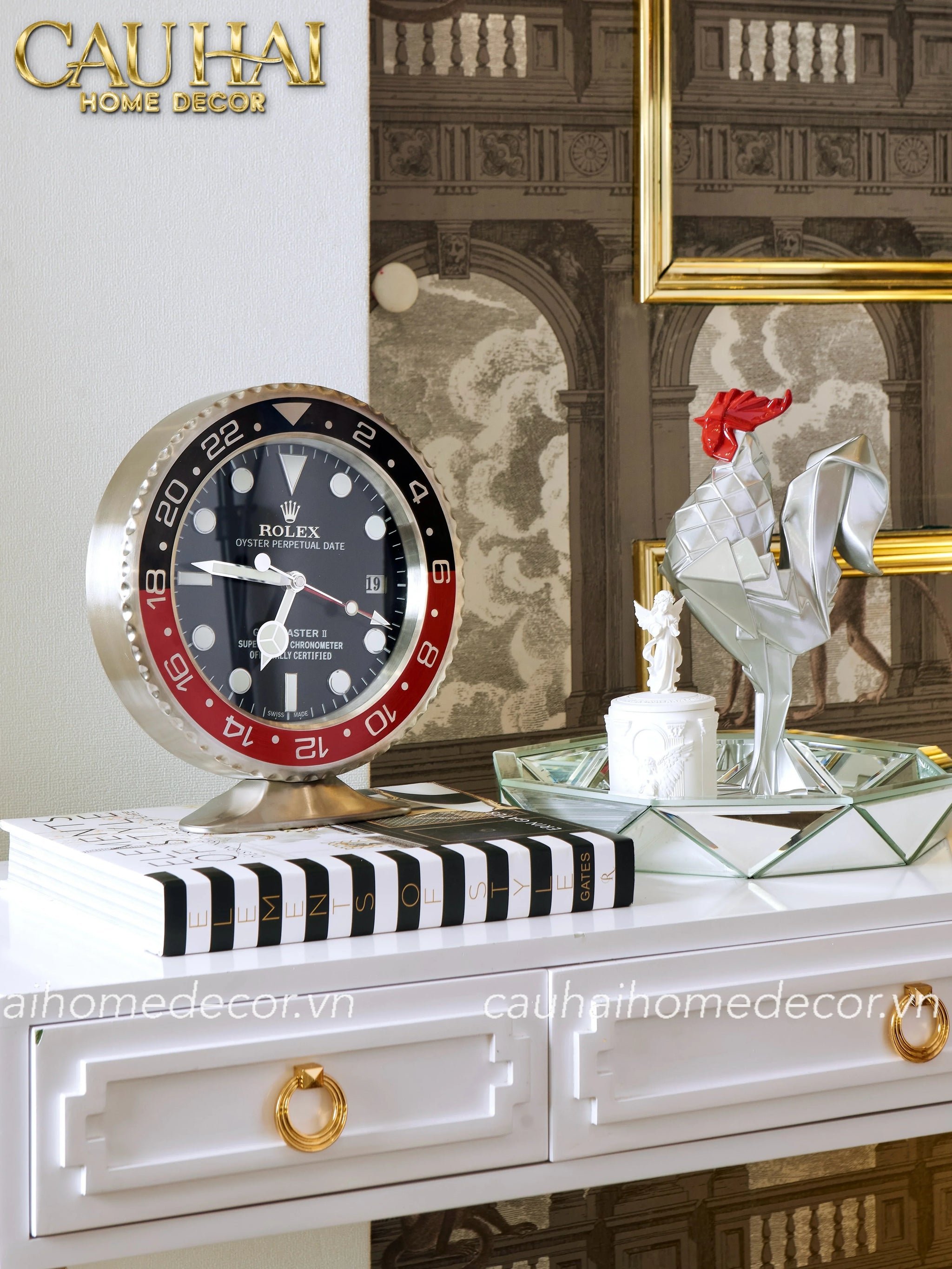 Maison Couture - Đồng Hồ Để Bàn Bản Đặc Biệt Timepiece Horloge Argent Rouge Desk Clock 10x16x29-CẬU HAI HOME DECOR