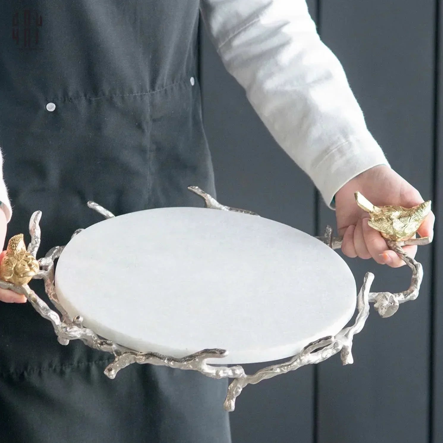Maison Couture Elysian - Khay Tròn Bằng Đồng Mạ Bạc Đá Cẩm Thạch Imperium Empire Elysian Platinum 14x33x50-CẬU HAI HOME DECOR